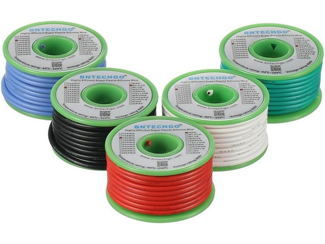 BNTECHGO 16 Gauge Silicone Wire Kit Red Black White Blue and Green Each 25ft 16 AWG Stranded Tinned Copper Wire
