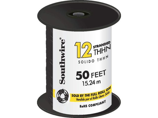 Southwire 22964183 50 ft. 12 Black Stranded CU THHN Wire