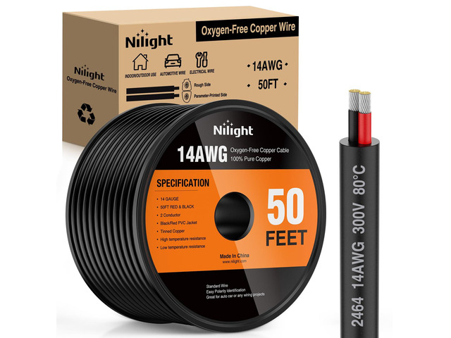 Nilight 50FT 14AWG Oxygen-Free Copper Wire Red Black Electrical Wire Stranded PVC Cord 2 Conductor Parallel 300V DC Flexible Extension Cords for...