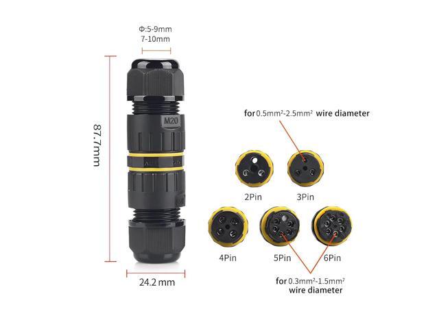 6 Pin IP68 Outdoor Waterproof Electrical Wire Connector for 5-12mm Wire Diameter, (Max 16A, 450V), 2 Way 4 Packs