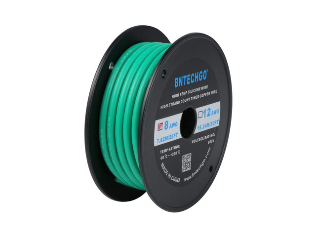 BNTECHGO 8 Gauge Silicone Wire Spool 25 ft Green Flexible 8 AWG Stranded Tinned Copper Wire