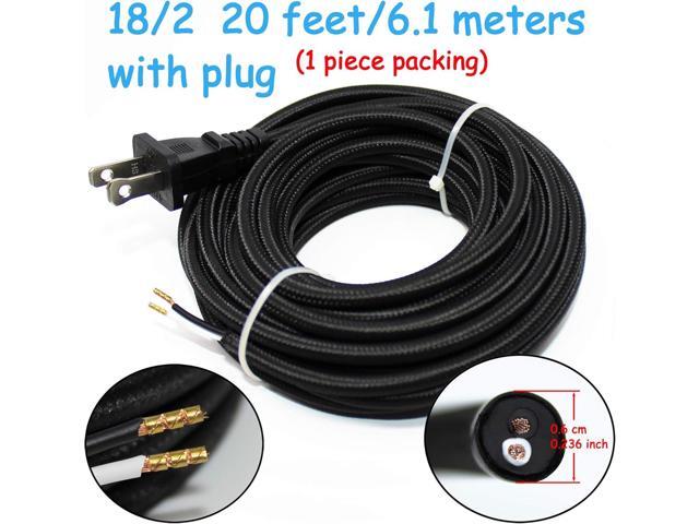 18/2 20Ft Vintage Cable Flexible Fabric Antique Wire Power Cord with Plug Black 18 AWG 2 Conductor 20 Feet Pendant Lighting (10A)