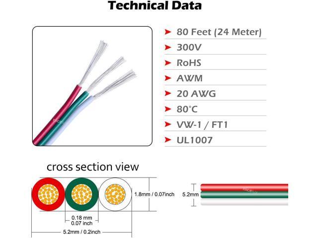 Nicelux 80 Feet(24 Meter) 3 Pin LED Extension Wire 20 AWG,for WS2812B WS2811 Addressable Dream Color Tape Light Wiring,3 Conductor Electrical Cable...