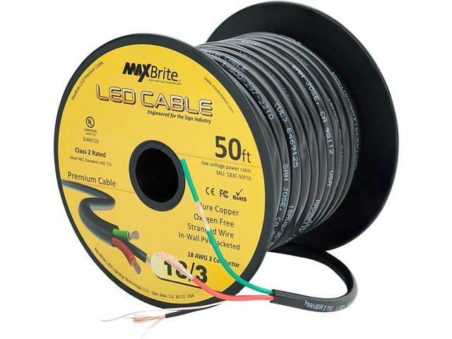 50 ft. 18AWG Low Voltage LED Cable 3 Conductor Black Sleeve in-Wall Speaker Wire UL Class 2 Certified