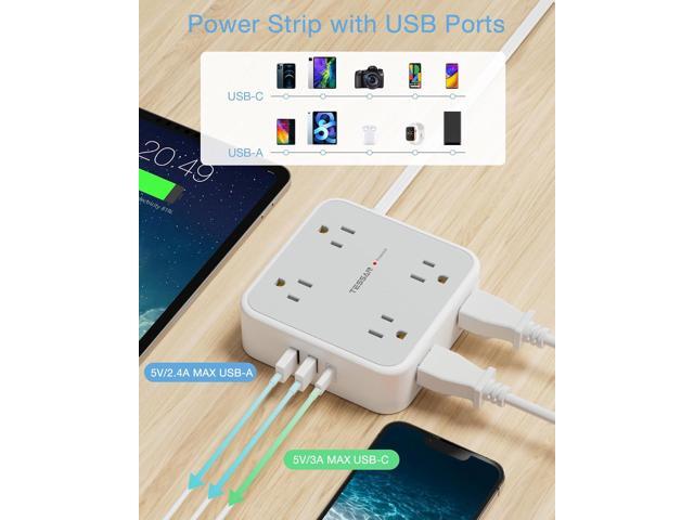 Surge Protector Flat Extension Cord Flat Plug Power Strip, 8 AC Outlets, 3 USB Charger(1 USB C Port) 3-Sided Outlet Extender, 5 Ft, 900 Joules...