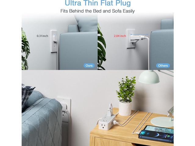Ultra Thin 5FT Flat Extension Cord, TESSAN Surge Protector Flat Plug Power Strip 4 Wide Spaced AC Outlets 3 USB, 900 Joules Protection, Suitable...