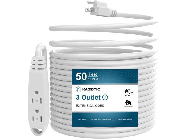 50-Feet 3 Outlet Extension Cord, Kasonic UL Listed, 16/3 SJTW 3-Wire Grounded, 13 Amp 125 V 1625 Watts, Multi-Outlet Indoor/Outdoor Use, White