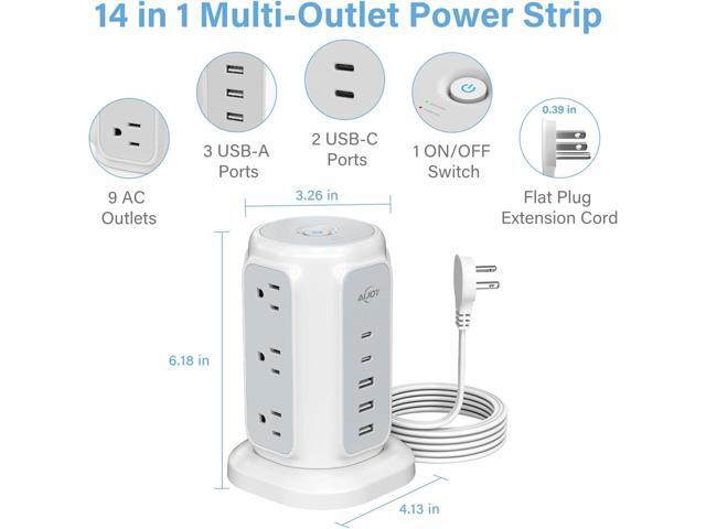 Flat Plug Power Strip Tower with 9 Outlets and 5 USB Ports (2 USB C), AiJoy 1200J Surge Protector Tower with 6.5 Feet 1625W/13A Extension Cord with...