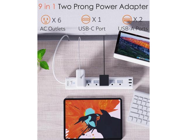 2 Prong Power Strip, WRXDMC 2 Prong to 3 Prong Outlet Adapter, 1680J Surge Protector, 1625W, 5ft Extension Cord with Flat Plug Polarized Plug, 6 AC...