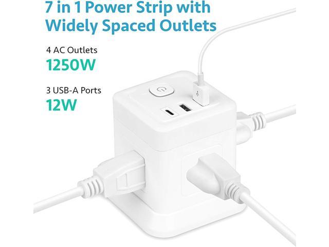 BEVA Power Strip with USB - 5ft Long Extension Cord with 4 Widely Spaced Outlets and 3 USB Ports Cube Desktop Charging Station, Overload...