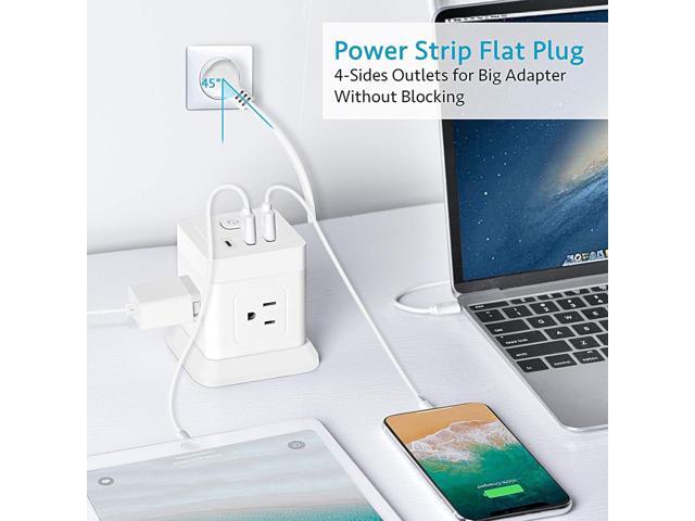 BEVA Power Strip with USB - 5ft Long Extension Cord with 4 Widely Spaced Outlets and 3 USB Ports Cube Desktop Charging Station, Overload...
