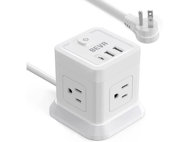 BEVA Power Strip with USB - 5ft Long Extension Cord with 4 Widely Spaced Outlets and 3 USB Ports Cube Desktop Charging Station, Overload...