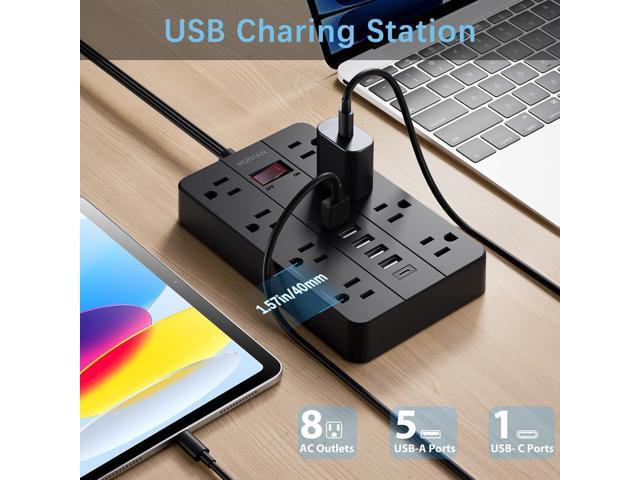 Power Strip with USB Ports, HUNIAN 5 Ft Extension Cord Flat Plug with 8 Outlets, 6 USB Charger(1 USB C Port), Indoor Desk Charging Station Surge...