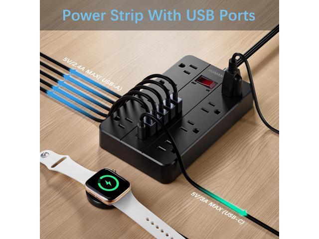 Power Strip with USB Ports, HUNIAN 5 Ft Extension Cord Flat Plug with 8 Outlets, 6 USB Charger(1 USB C Port), Indoor Desk Charging Station Surge...