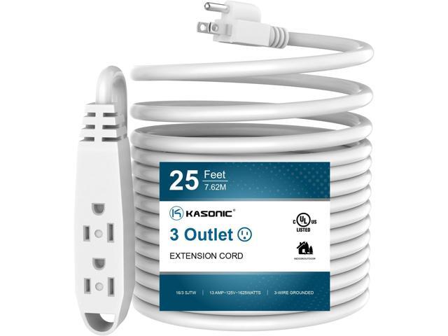 25-Feet 3 Outlet Extension Cord, Kasonic UL Listed, 16/3 SJTW 3-Wire Grounded, 13 Amp 125 V 1625 Watts, Multi-Outlet Indoor/Outdoor Use, White