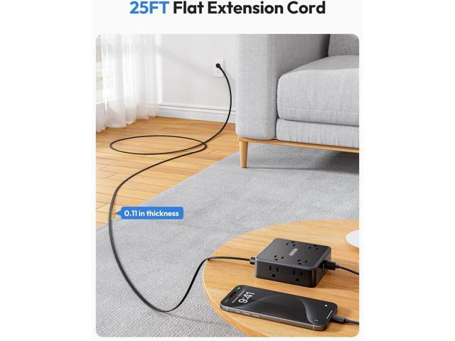 NTONPOWER Extension Cord 25 FT, Black Extension Cord with 8 Widely Outlets 3 USB Ports, Extra Long Extension Cord, 1080J Surge Protector Power Strip