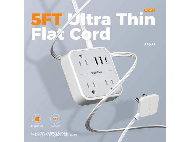 Ultra Thin Flat Extension Cord 5 FT, TESSAN Slim Power Strip with USB Ports (1 USB C), Surge Protector Flat Plug Wall Charger with 3 Outlets for...