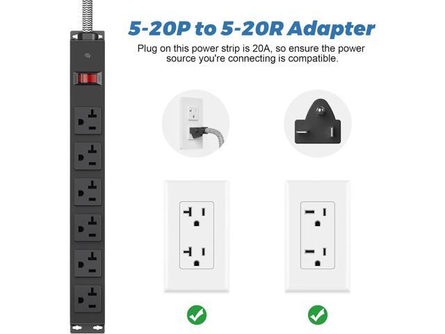 HEZI 20 Amp Power Strip with 5-20P/T- Plug, Heavy Duty High Amp Metal Surge Protector, Mountable Industrial Power Strip with 6AC Outlets(5-20R) and...