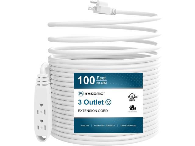 K KASONIC - 100-Feet 3 Outlet Extension Cord, UL Listed, 16/3 SJTW 3-Wire Grounded, 10 Amp 125 V 1625 Watts, Multi-Outlet Indoor/Outdoor Use, White
