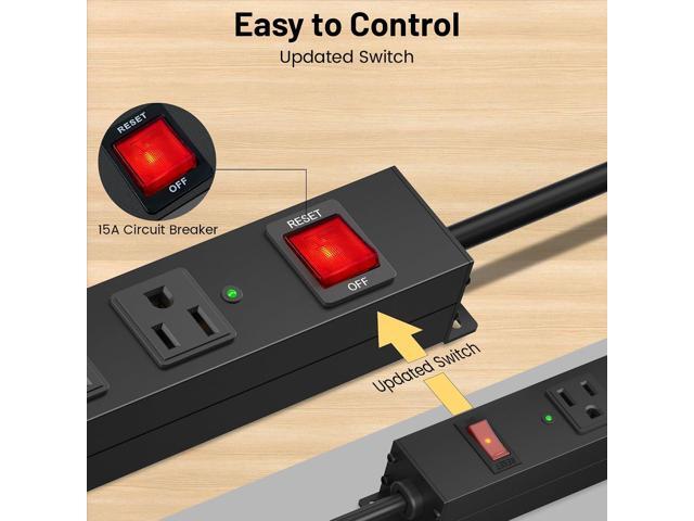 KF Matel 6 Outlet Power Strip Surge Protection 2100J,Heavy Duty Wide Space Power Strip with Flat Plug,15A/1875W Wall Mount Power Strip with...