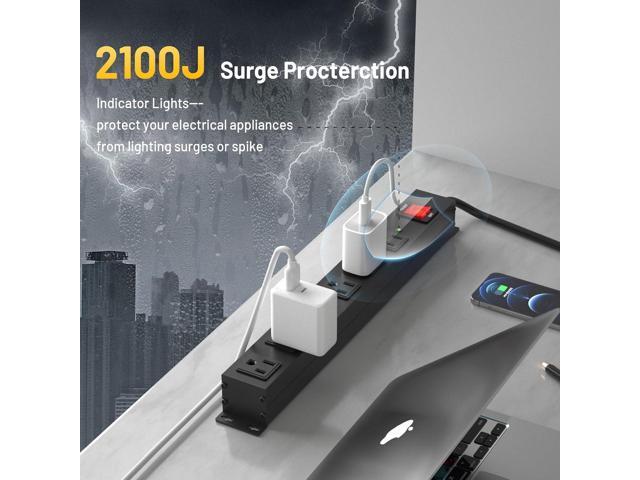 KF Matel 6 Outlet Power Strip Surge Protection 2100J,Heavy Duty Wide Space Power Strip with Flat Plug,15A/1875W Wall Mount Power Strip with...