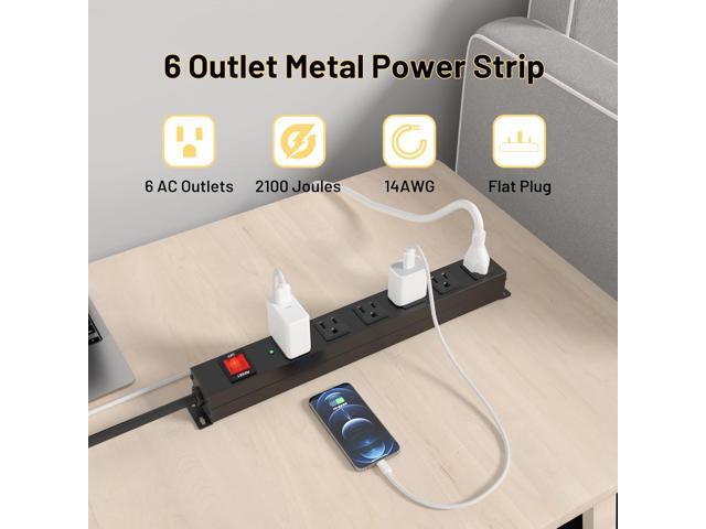 KF Matel 6 Outlet Power Strip Surge Protection 2100J,Heavy Duty Wide Space Power Strip with Flat Plug,15A/1875W Wall Mount Power Strip with...