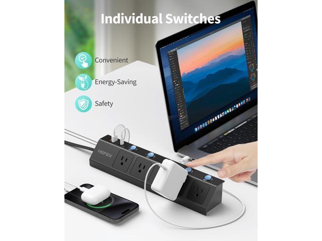 Flat Plug Power Strip with Individual Switches, 10 Ft Ultra Thin Flat Extension Cord, 5-Outlet Surge Protector with 2 USB-C (20W PD) & 2 USB-A,...