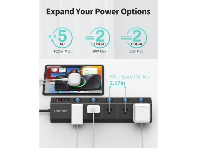 Flat Plug Power Strip with Individual Switches, 10 Ft Ultra Thin Flat Extension Cord, 5-Outlet Surge Protector with 2 USB-C (20W PD) & 2 USB-A,...