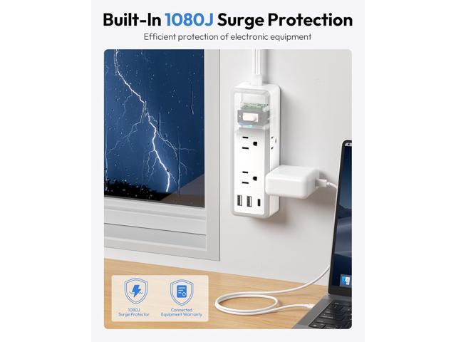 NTONPOWER Flat Plug Power Strip, 15 ft Extension Cord Surge Protector, 6 Widely AC Outlets with 3 USB Ports(1 USB C), Wall Mount, 3-Side Surge...