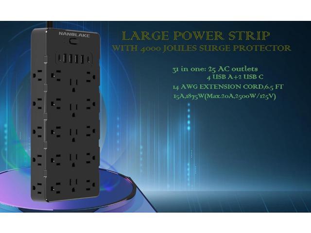 Large Surge Protector Power Strip with USB Ports (4A+2C),Heavy Duty Extension Cord 14 Gauge 6.5 Ft,4000 Joules Surge Protection,25 Spaced AC...