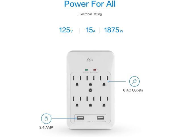 KMC 6-Outlet Surge Tap, 2 USB Ports (3.4A), 980 Joules Surge Protector, White (2 Pack)