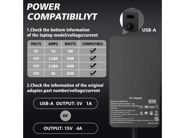 65W Surface Pro Laptop Charger for Microsoft Surface Pro 10, 9, 8, 7+, 7, 6, 5, 4, 3, X, Magnetic Surface Connector, Supports 65W, 44W, 36W, with...