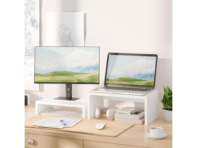 TEAMIX Adjustable White Monitor Stand Riser - 2 Pack, Wood 2 Tier Adjustable Stand for 2 Monitors/Laptop/PC