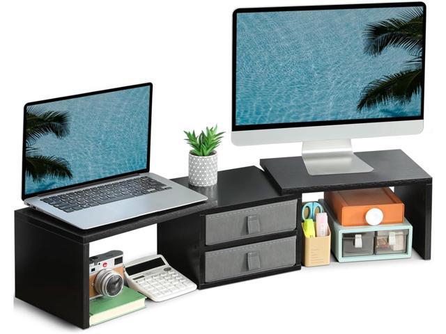 TEAMIX Dual Monitor Stand Riser with 2 Drawers-Length and Angle Adjustable 3 shelf Monitor Riser with Storage Desk Organizer Large Computer Monitor...