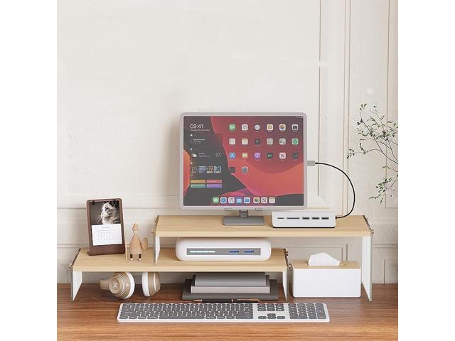 YGYQZ Wood Adjustable Monitor Riser for Desk, 2 Tier Dual Monitor Stand with Acrylic Legs Office Desk Shelf Organizer for Laptop, PC, Printer,...