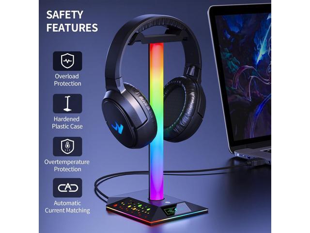 Gaming Headphone Stand PC Accessories - RGB Headset Stand with 2 USB Charger, Cool LED Headphone Holder PC Gaming Accessories Gift for Boys Men...