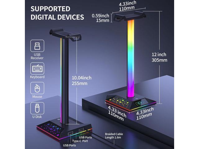 Gaming Headphone Stand PC Accessories - RGB Headset Stand with 2 USB Charger, Cool LED Headphone Holder PC Gaming Accessories Gift for Boys Men...