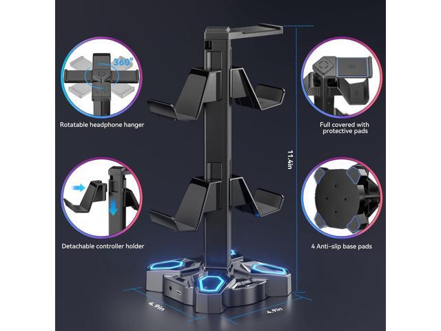 KDD Gaming Headphones Stand, Rotatable Headset Stand with Light Modes - Controller Holder with 2 USB Charging Ports and 3.5mm - Earphone Hanger...