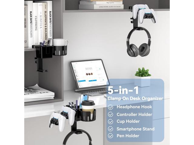 KDD 5 in 1 Desk Controller Holder - Rotating Headphone Hanger with Cup Holder - Clamp On Desk Organizer Holds Controller, Headphone, Cup, Mobile...
