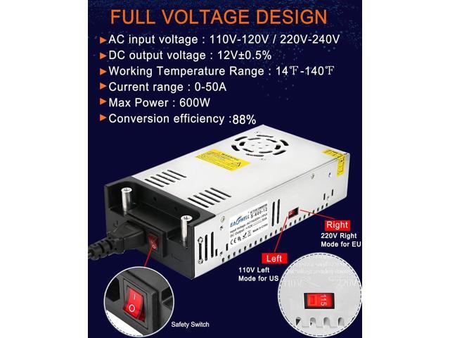 AC to DC Converter 12V Power Supply, Universal SMPS 120V AC to 12V 50A 600W DC Converter Power Supply Transformer Driver Adapter for RV,Pump,LED...