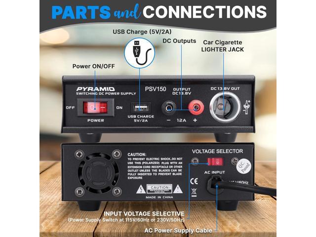 Pyramid Universal Compact Bench Power Supply- 12Amp Variable Linear Regulated Home Lab Benchtop AC-DC Power Converter - USB Port,Cigarette...
