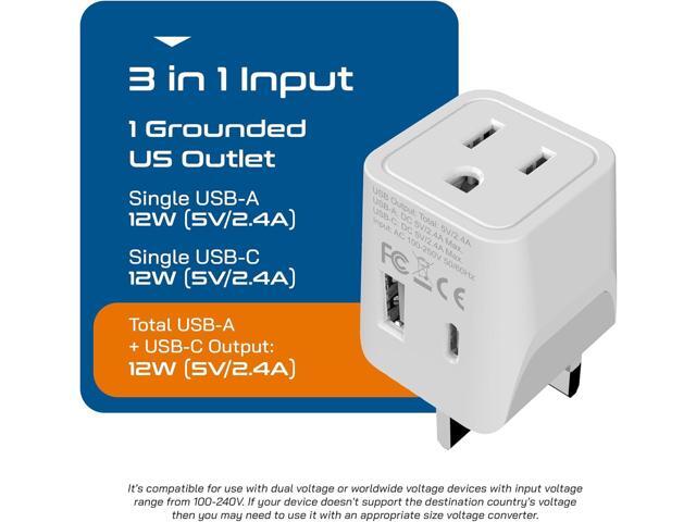 Ceptics UK Travel Adapter Plug - with 2 USB + USA Socket Input - Type G - Ultra Compact - Safe Grounded Perfect for Cell Phones, Laptops, Camera...