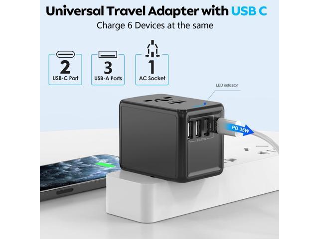 JMFONE 35W PD Universal Travel Adapter, Fast Charging International Power Plug Adapter with 3*USB-A & 2*USB-C Ports and Multi AC Sockets,...