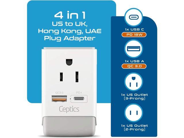 Ceptics UK Ireland Hong Kong Plug Adapter, International Power Plug with USB & USB-C - 2 USA Socket, QC 3.0 & PD - Type G Outlet Adapter for USA to...