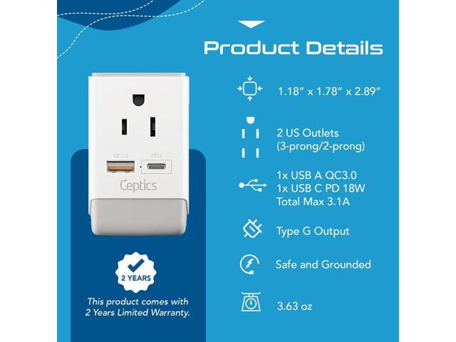 Ceptics UK Ireland Hong Kong Plug Adapter, International Power Plug with USB & USB-C - 2 USA Socket, QC 3.0 & PD - Type G Outlet Adapter for USA to...