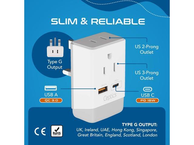 Ceptics UK Ireland Hong Kong Plug Adapter, International Power Plug with USB & USB-C - 2 USA Socket, QC 3.0 & PD - Type G Outlet Adapter for USA to...