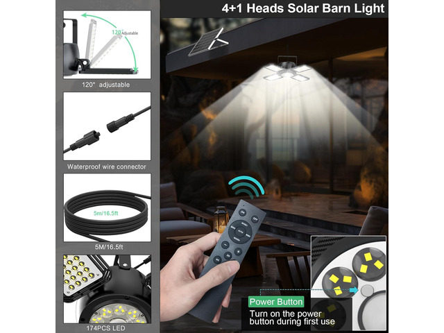 Solar Shed Light Outdoor Indoor Upgrade 1200LM 174LED 4 and 1 Heads Motion Sensor Pendant Light, Solar Lights with 5 Lighting Modes Remote Control...