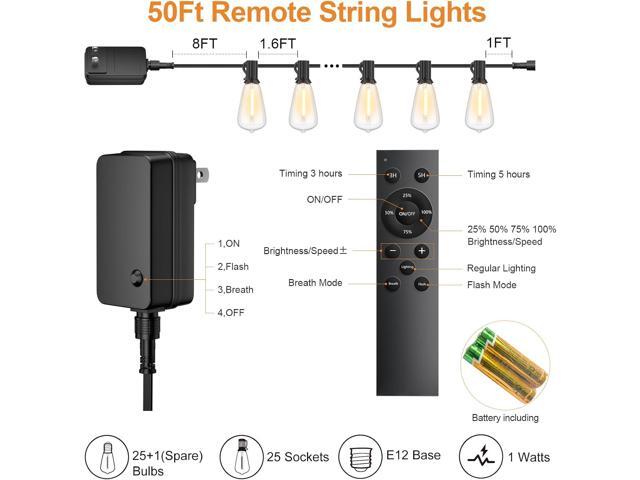 50FT Outdoor String Lights with Remote, Garden Patio Decor with 2500K Warm White, 25+1 LED Edison Bulbs, Support Timer Dimmable Waterproof...