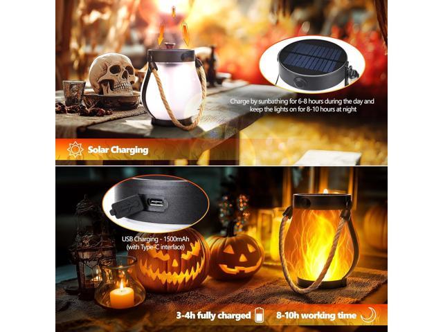 iBaycon 2 Pack Solar Lanterns Lights, Halloween Flickering Flame Garden Lights with 2 Modes Dual Charging USB & Solar, Outdoor Waterproof Hanging...