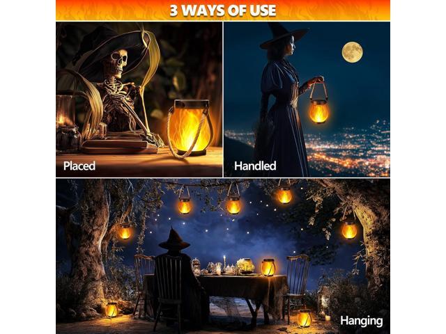 Halloween Solar Flame Lantern Hanging Outdoor Waterproof Purple - 2 Pack Flame Lanterns with Dual Charging Modes of Solar & USB for Garden or Yard...